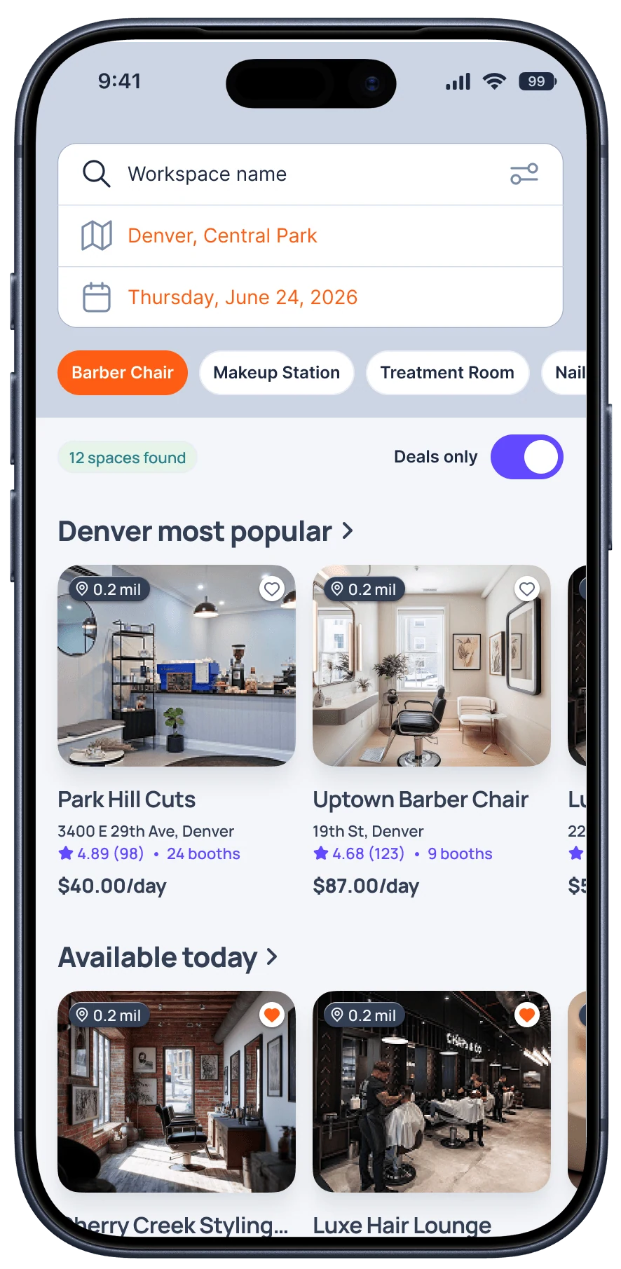 The Blookd Rental app's workspace search screen
