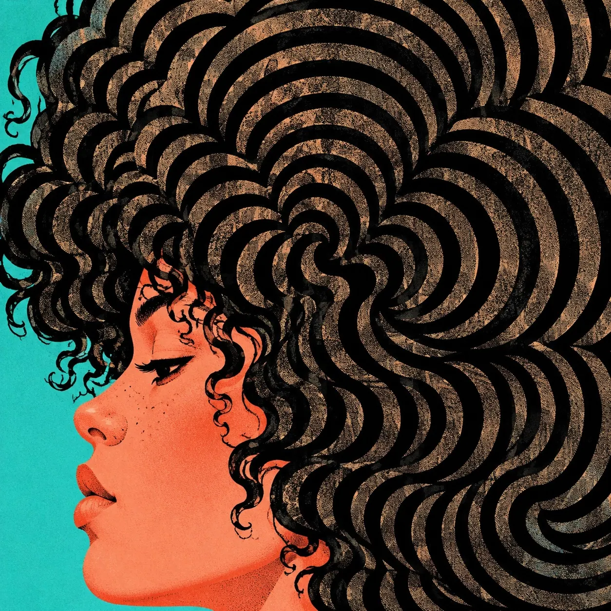An illustrated portrait of a woman with voluminous curly hair