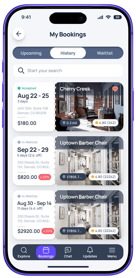 The Blookd Rental app's bookings screen