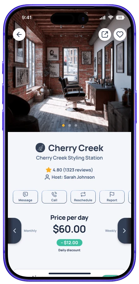 The Blookd Rental app's workspace detail screen