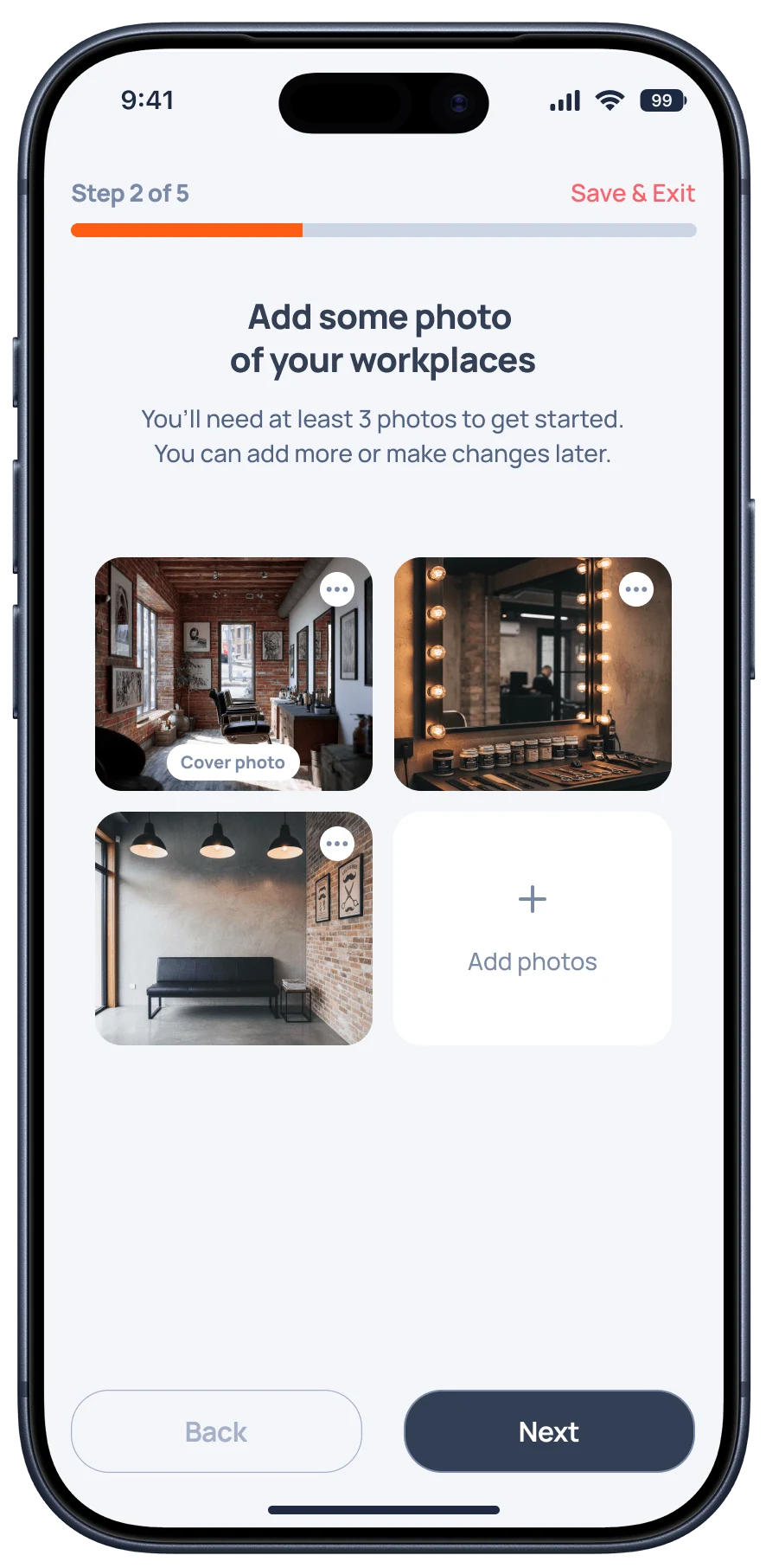 The Blookd Rental app's listing photo upload screen
