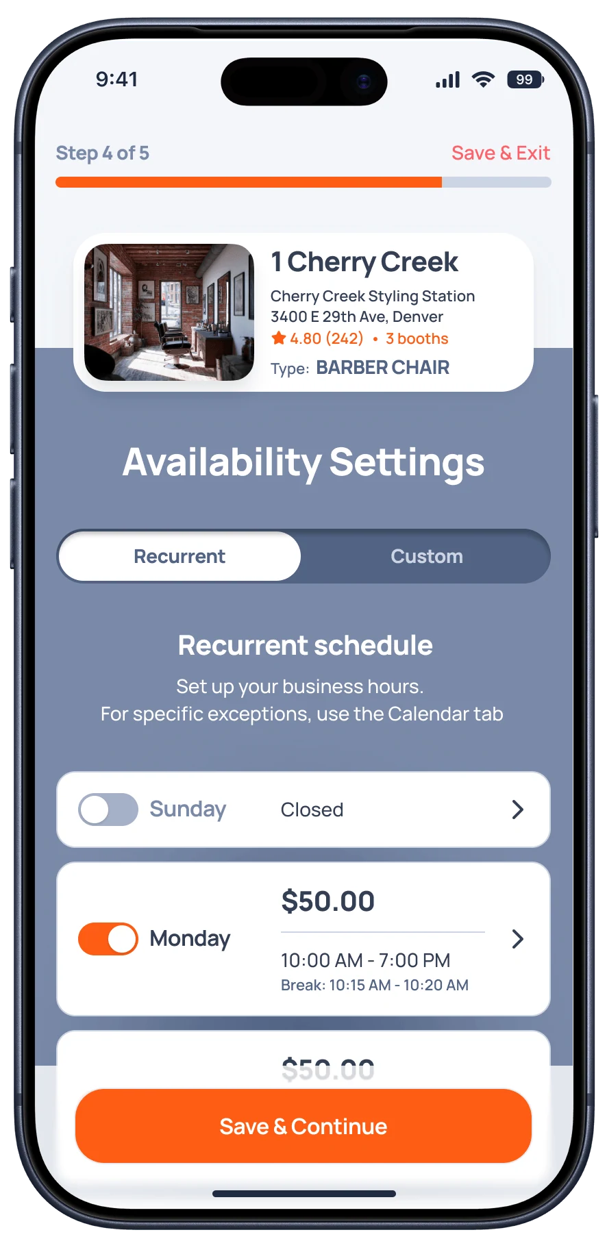 The Blookd Rental app's availability settings screen
