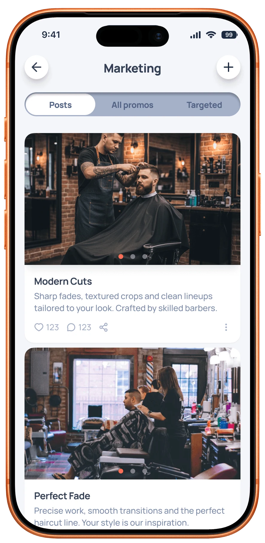 The Blookd app's marketing and service posts screen