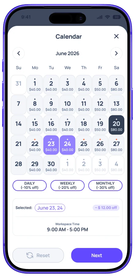 The Blookd Rental app's availability calendar screen